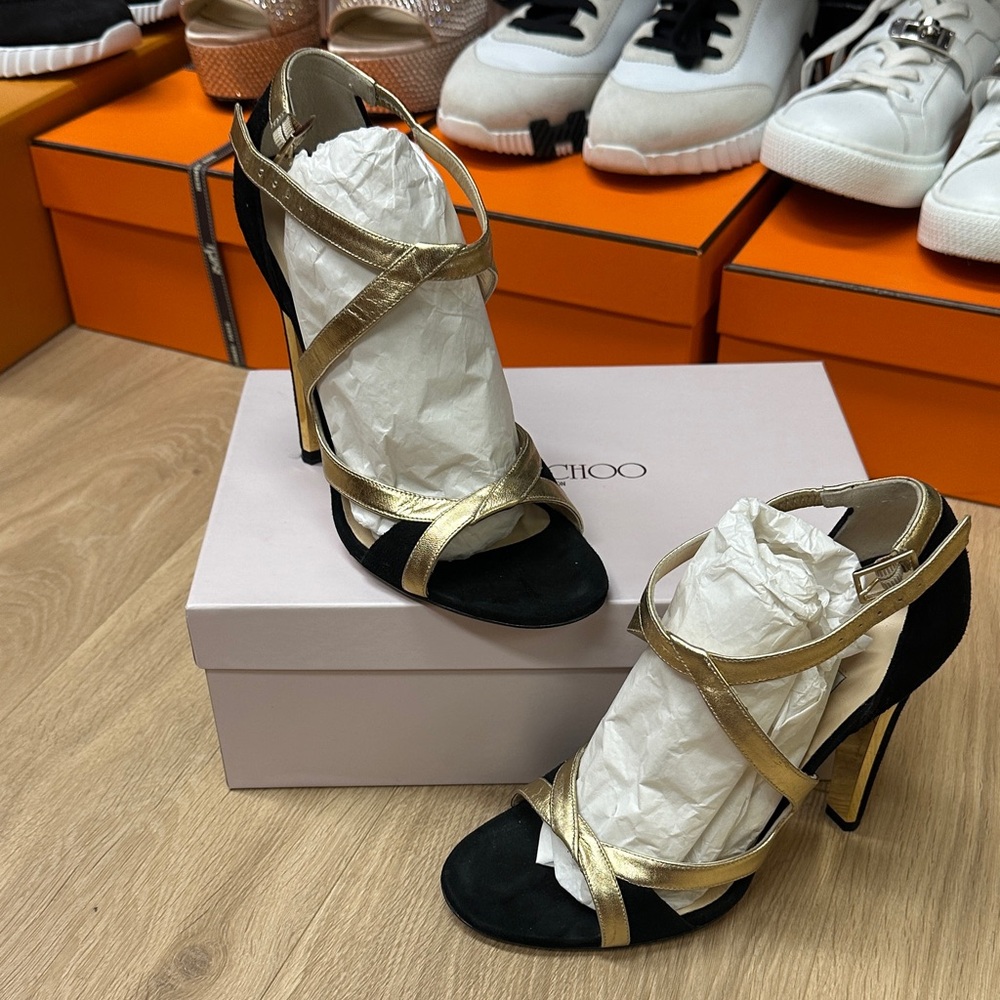 Jimmy Choo Gold and Black Suede and Leather Strappy Heels